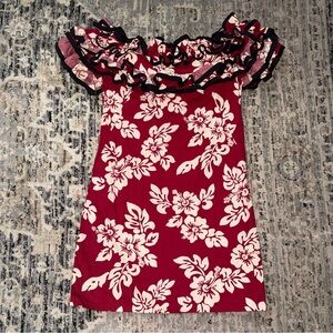 Vtg Lauren Michele Hawaiian mini dress Double-Ruffle Cotton Hibiscus Red MuuMuu